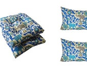 Set of 2 - Tufted U-shape Wicker Chair Cushions 2 Free Pillows - Blue Bohemian