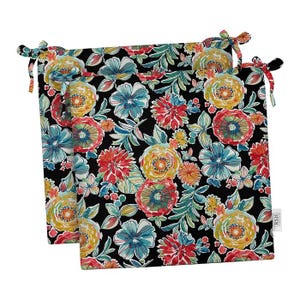 Set of 2 ~ Outdoor Chair Seat Cushions with Ties for Patio Chair 2" or 3" Poly Foam - Colsen Noir Black Floral  ~ Choose Size
