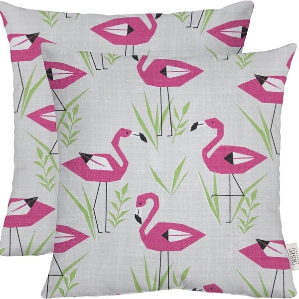 RSH Decor Set of 2 ~ Pink Flamingo Grove Tropical Coastal Decorative Square Throw Pillows ~ Indoor Outdoor Fabric ~ Choose Size