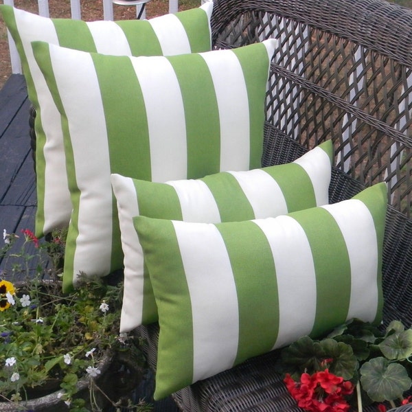 Set of 4 Indoor Outdoor Throw Pillows 2 17"x 17" Square Green and White Cabana Stripe Pillows & 2 Lumbar Rectangle Decorative Pillows