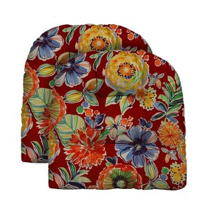 RSH Decor Set of 2 Wicker Style U-Shape Chair Tufted Cushion ~ Colsen Berry Red Blue Whimsical Floral Flower print, Select from 2 sizes