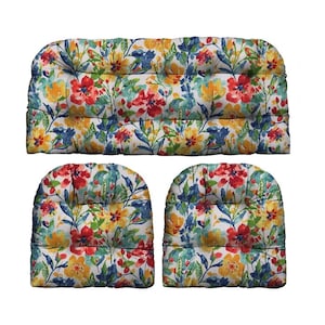 Oakmont Hightown Festival Red Blue Yellow Green Floral Outdoor 3 Piece Wicker Cushion Set,  Loveseat Settee & 2 Matching Chair Cushions
