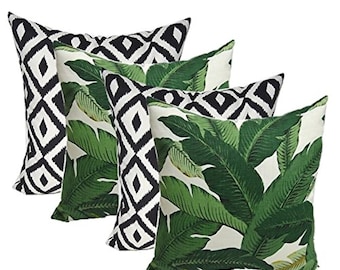 Set of 4 Indoor Outdoor Throw Pillows made with Tommy Bahama Home fabric Swaying Palm Green Leaf Tropical with Black & White Aztec Geometric