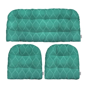 RSH Décor 3 Pc Tufted Wicker Cushion Set 1 Loveseat & 2 U-Shape,  Choose Size ~ Fenmore Teal Leaf Abstract