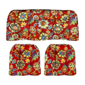 Daelyn Cherry RED Floral Outdoor Fabric Cushions for Wicker Loveseat Settee & 2 Matching Chair Cushions ~ 3 Piece Cushion Set ~ 2 Sizes