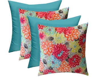 Set of 4 Indoor Outdoor Pillows ~  Artisitc Floral and Solid Cancun Blue Pillows ~ Choose Size-  Accent Pillows