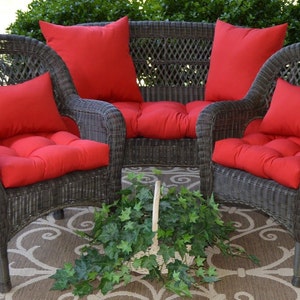 Solid Red Outdoor Wicker Cushion Pillow 7 pc. set (CUSHIONS ONLY, Furniture not included**), sizes: loveseat 41" l x 19", U shape 19" x 19"