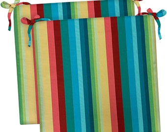 Set of 2 ~ 20" x 20" Outdoor Chair Seat Cushions with Ties for Patio Chair 3" Foam- Braymont Multi Color Stripe