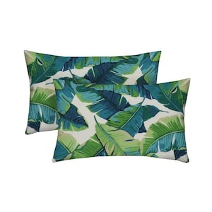 RSH Decor Set of 2 Lumbar Rectangle Decorative 20" l x 12" t Pillows, Balmoral Opal Blue Green Tropical Palm Leaf Outdoor Throw Pillows