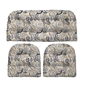 Dailey Pewter Gray Black Tan Floral Scroll Vine Outdoor 3 Piece Wicker Cushion Set,  Loveseat Settee & 2 Matching Chair Cushions
