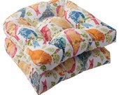 Set of 2 Universal Tufted U-Shape Cushion for Wicker Seat Indoor Outdoor Weather Resistant Fabric Ivory, Orange Garden Bird Fabric