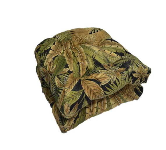 Set of 2 Tufted U shape Cushion for Wicker Seat Outdoor Made Tommy Bahama Black Green Tan Tropical Palm Leaf Bahamian Breeze Coal Etsy
