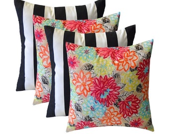 Set of 4 Indoor Outdoor Pillows ~  Artisitc Floral and Black & White Stripe Pillows ~ Choose Size -  Accent Pillows