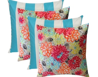 Set of 4 Indoor Outdoor Pillows ~  Artisitc Floral and Cancun Blue & White Stripe Pillows ~ Choose Size-  Accent Pillows