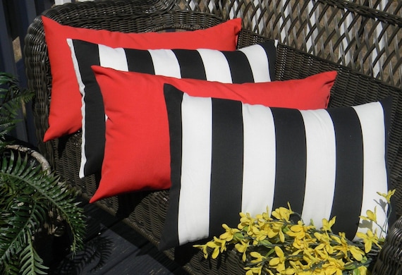 Set of 4 Indoor / Outdoor Black & White Stripe and Solid Red Lumbar/  Rectangle Pillows 