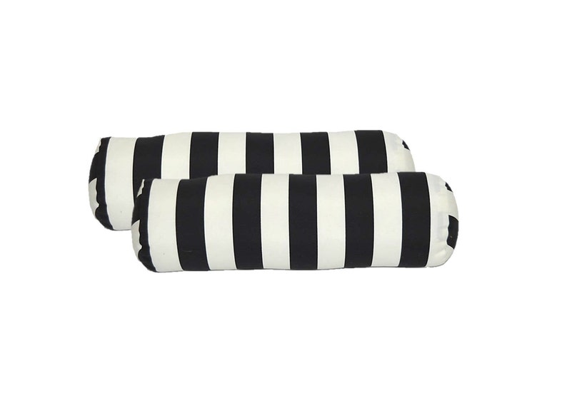 SET OF 2 Indoor / Outdoor Decorative Bolster Neckroll Pillows Black and White Stripe image 1