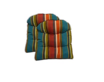 Set of 2 - Universal Tufted U-shape Cushions for Wicker Chair Seat - Westport Teal Stripe