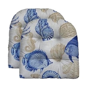 RSH Decor Set of 2 Wicker Style U-Shape Chair Tufted Cushion ~ Blue Tan Crab Fish Coastal Beach print