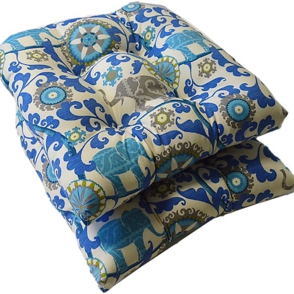 Set of 2 Wicker Style U-Shape Chair Tufted Cushion ~ Blue Elephant Boho Print ~ Choice of 2 Sizes