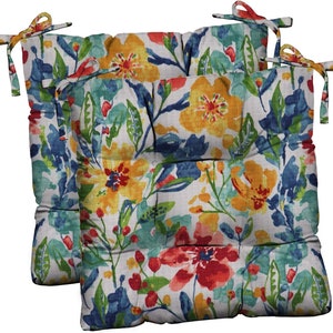 Set of 2 Outdoor Tufted Cushions with Ties for Patio Dining Seat Chair ~ Select Size ~ Oakmont Hightown Festival Floral Red Yellow Blue