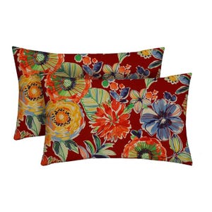 RSH Decor Set of 2 Colsen Berry Red Blue Whimsical Floral Flower print Indoor Outdoor Lumbar Rectangle Decorative Accent Throw Pillows