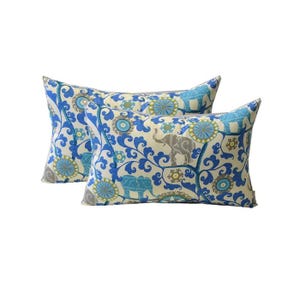 Set of 2 - Sapphire Blue, Turquoise, Green, Gray Bohemian Elephant Decorative Indoor / Outdoor Rectangle / Lumbar Pillows