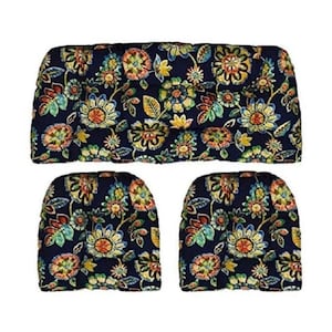 Daelyn Navy Blue Floral Outdoor Fabric Cushions for Wicker Loveseat Settee & 2 Matching Chair Cushions ~ 3 Piece Cushion Set ~ 41&quot; x 19&quot;,