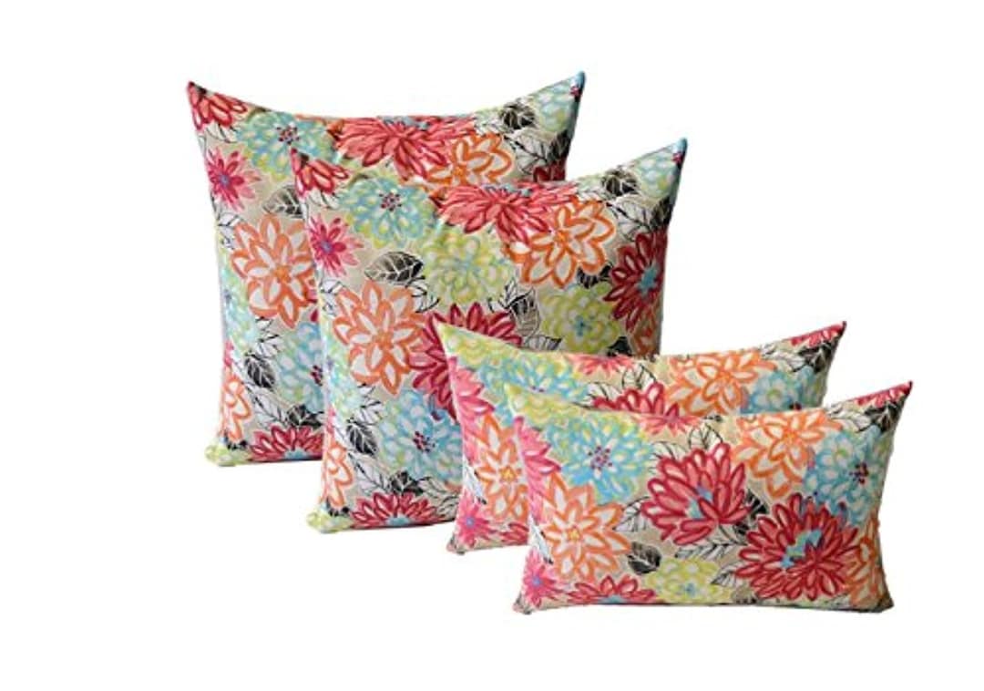 Set of 4 Pillows Decorative Outdoor Throw Pillows ~ Artistic Floral Yellow Orange Blue Pink ...