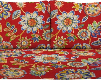 RSH Décor Outdoor Deep Seating Loveseat Cushion Set, Daelyn Cherry Red Floral Scroll 46" l x 26" d x 5" thickness, Back Pillows 24" x 21"