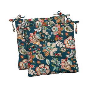 Set of Two / Peacock Blue, Red, Orange, Green Floral In / Outdoor Tufted Cushion / Pad w/ Ties for Kitchen / Patio Dining Seat Chair