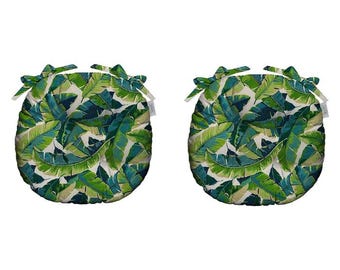 RSH Decor Set of 2 Round Tufted Bistro Cushion with Ties, Balmoral Opal Blue Green Tropical Palm Leaf, Choose from 3 Sizes 16", 18", 20"