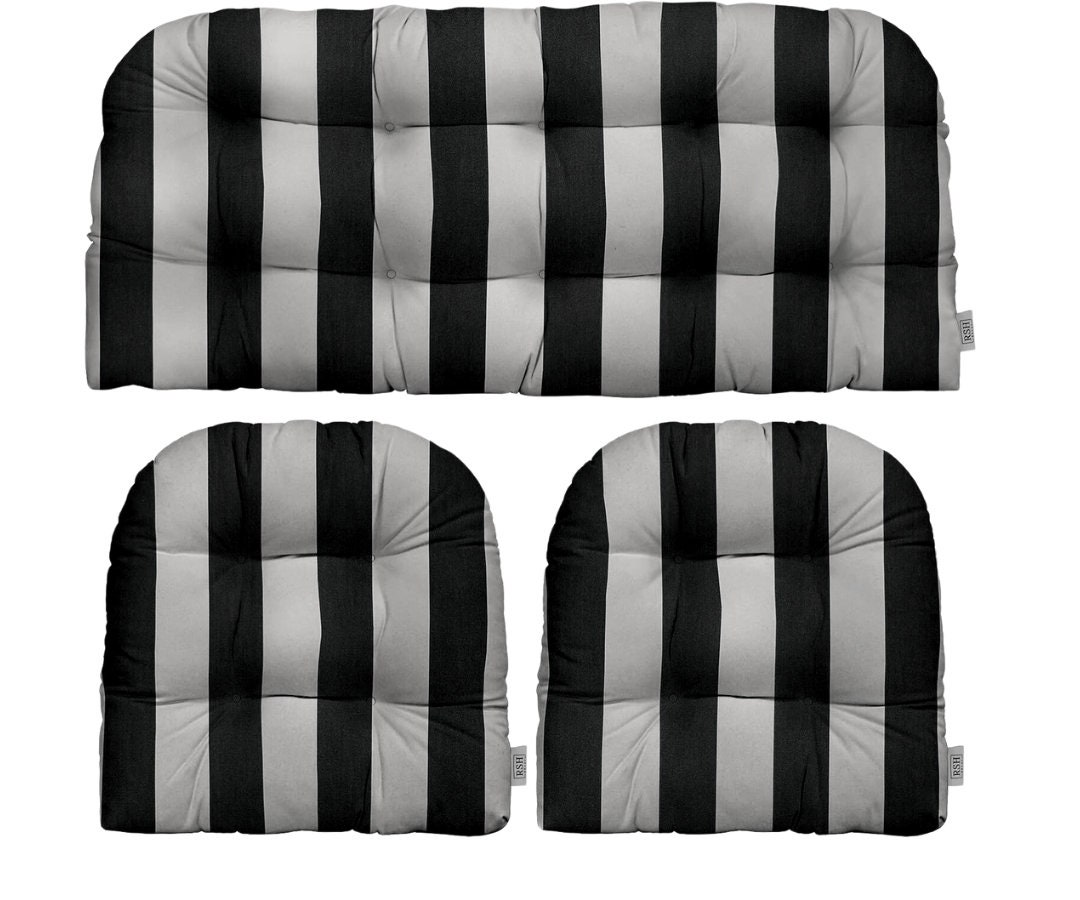 Black and White Cabana Stripe Outdoor Fabric Cushions for Wicker
