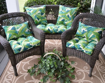 RSH Decor Wicker Cushion Pillow 7 PC Set, Tropical Balmoral Opal Blue Green Palm Leaf Floral Outdoor. 2 Sizes (Furniture not included)