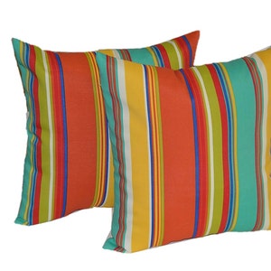 SET OF 2 ~ 20&quot; Bright / Colorful Turquoise, Yellow, Coral, Blue, Red, Green, White Stripe Decorative Throw Pillows ~ Indoor / Outdoor