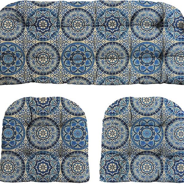 Indigo Blue Wheel Geometric Sundial Indoor Outdoor 3 Piece Wicker Cushions Set ~  Wicker Loveseat Settee & 2 Matching Chair Cushions
