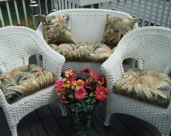 Wicker Cushion 5 pc set made with Tommy Bahama Black Green Tropical,  1 Love Seat Cushion, 2 Chair Cushions, 2 Throw Pillows, Choose 2 Sizes