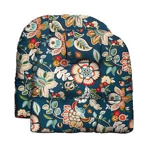 RSH Decor Set of 2 Wicker Style U-Shape Chair Tufted Cushion ~ Telfair Peacock Floral Scroll,  2 sizes