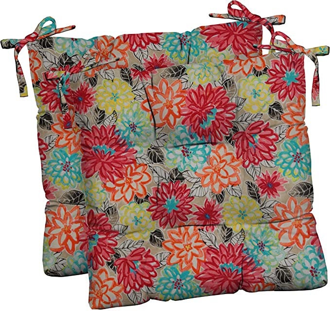 Set of 2 ~ TUFTED  Outdoor Chair Seat Cushions with Ties for Patio Chair ~ Artistic Floral Yellow Blue Orange Pink ~ Choose Size