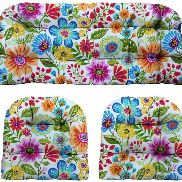 Gregoire Fresco Floral Outdoor Fabric Cushions for Wicker Loveseat Settee & 2 Matching Chair ~ 3 Piece Cushion Set ~ 41" x 19" OR 44" x 22"