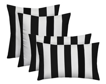 SET OF 4 - Indoor Outdoor 20" Square & Rectangle / Lumbar Pillows - Black and White Stripe