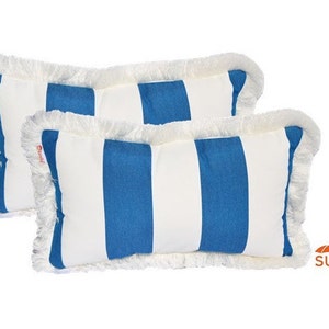 Set of 2  Indoor Outdoor Sunbrella Cabana Regatta Blue Stripe Lumbar / Rectangle Throw Pillows with Decorative Natural White Fringe