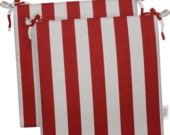 Set of 2 ~ Outdoor Chair Seat Cushions with Ties for Patio Chair 2" or 3" Poly Foam- Red and White Cabana Stripe, Choose Size