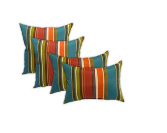 RSH Decor Set of  4 - Indoor / Outdoor 17" Square & Rectangle / Lumbar Pillows - Richloom -- Westport Teal, Orange, Red, Green Stripe