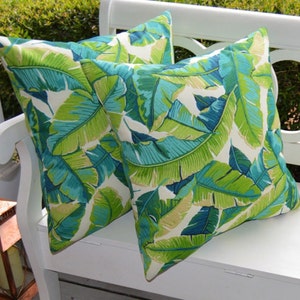 Set of 2 - 22&quot; x 22&quot;  Outdoor Green and Blue Tropical Palm Leaf Decorative Throw Pillows ~ Balmoral Opal