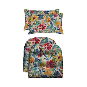 Set of 2 Outdoor Tufted U-shape Wicker Seat Cushions and Lumbar Rectange Pillows ~ Oakmont Hightown Festival Red Blue Yellow Floral