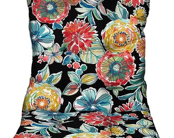 RSH Decor Tufted Adirondack Chair Cushion Outdoor, Colsen Noir Black Floral  (red, orange, yellow, blue, black)