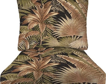 Deep Seating Cushion Set - Tommy Bahama Bahamian Breeze Coal - Black Tan Green Tropical Palm Leaf Fabric - Choose Size