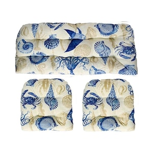 RSH Décor 3 Pc Tufted Wicker Cushion Set 1 Loveseat & 2 U-Shape,  Choose Size ~  Blue Tan Crab Fish Coastal Coast Beach Print