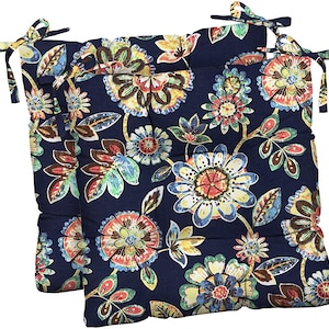 Set of 2 ~ Outdoor Chair Seat Cushions with Ties for Patio Seats Chairs ~ Tufted Cushions Daelyn Navy Blue Floral, Choose Size