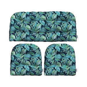 RSH Decor Crestwood Marine Blue Leaf Leaves Floral Tufted  3 Piece Set~ Cushions for Wicker Loveseat Settee & 2 Matching Chair Cushions